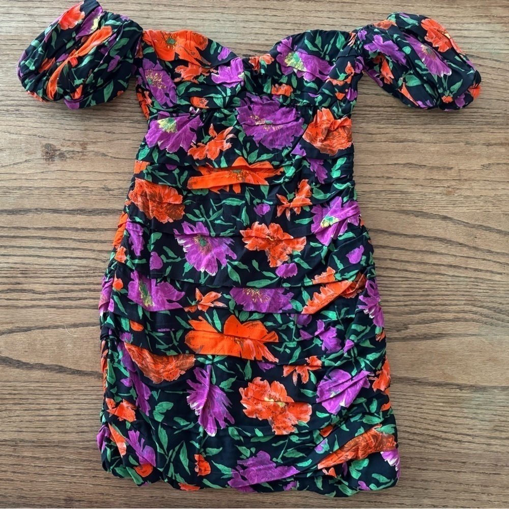 Zara Floral Off the Shoulder Puff Sleeve Mini Ruched Dress Size Small